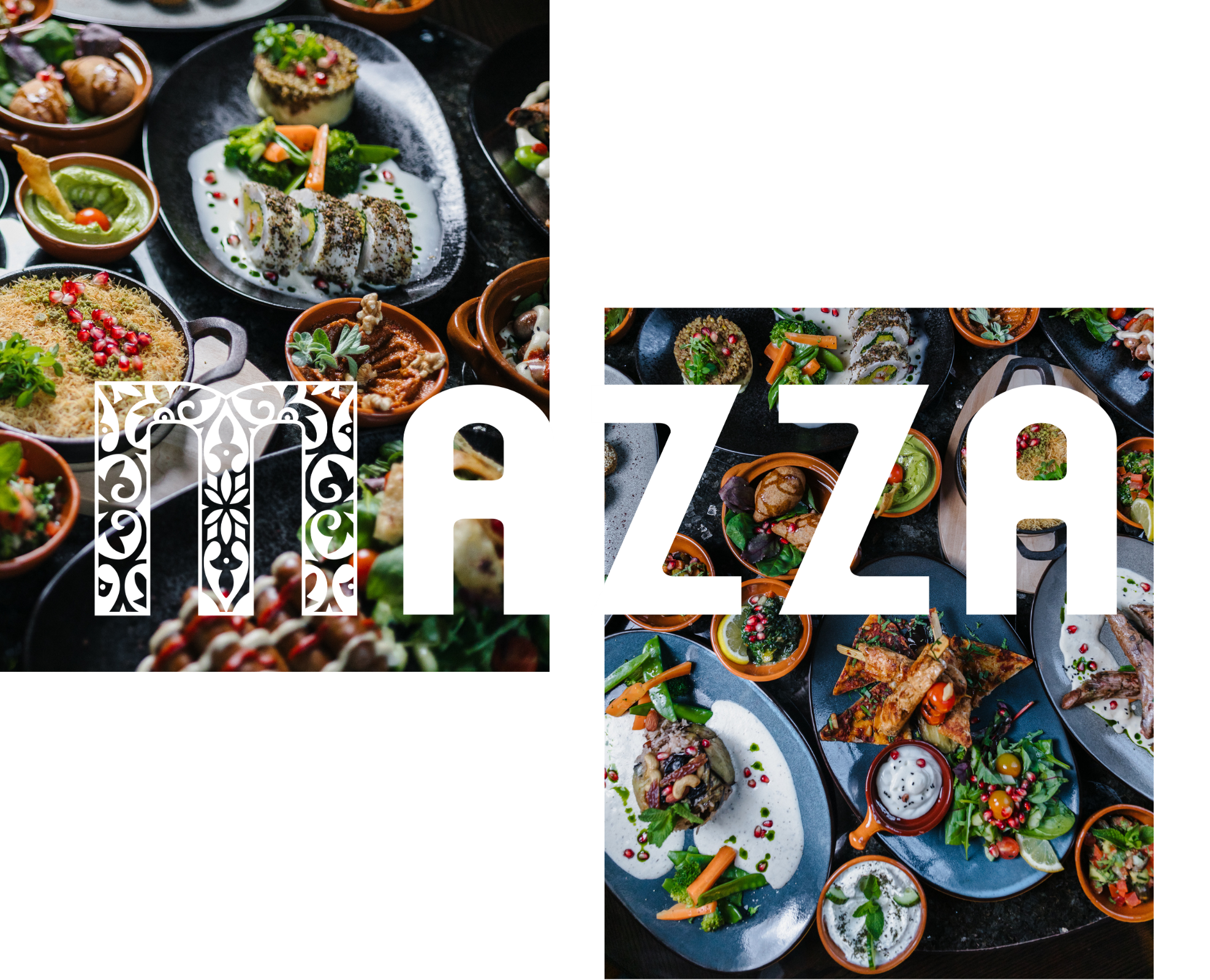 Auswahl orientalischer Gerichte, Salaten und Spezialitäten des Mazza Hamburg, Mazza Logo